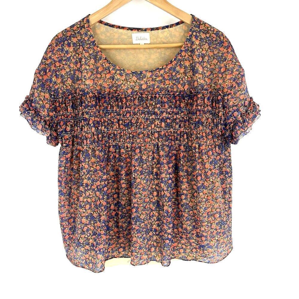 Anthropologie Deletta Top Size Small Pink Robyn Smocked Floral Print Blouse Y2K